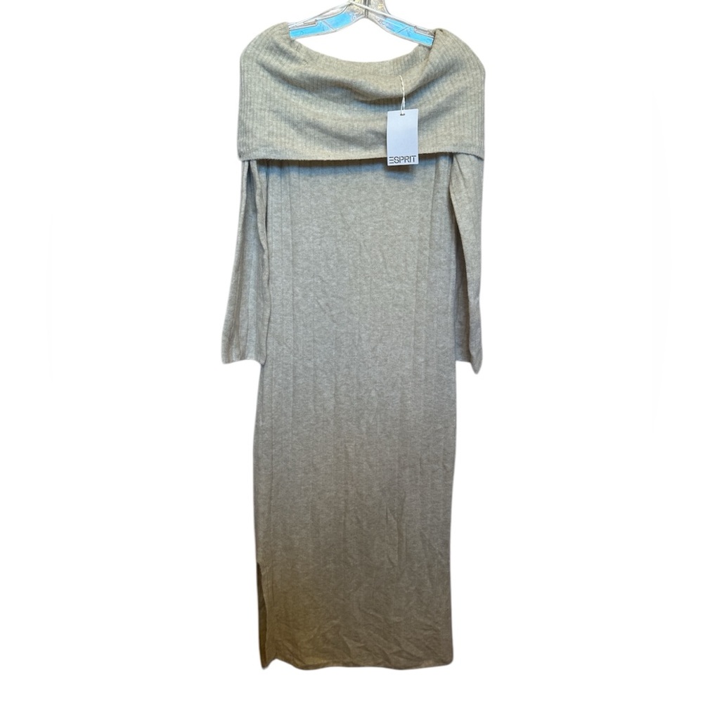 ESPRIT women’s sweater maxi dress off shoulder camel beige long sleeve size S